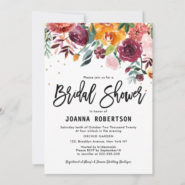 Autumn Burgundy Blush Floral Blossom Bridal Shower Invitation (Front)