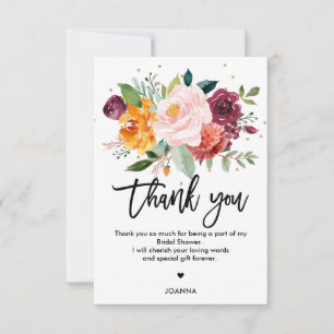 Autumn Burgundy Blush Floral Blossom Bridal Shower Thank You Card