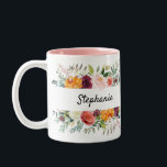 Autumn Burgundy Blush Floral Blossom Bridal Shower Two-Tone Coffee Mug<br><div class="desc">Watercolor autumn / fall floral bridesmaids gift mug features a stunning bouquet of blush, orange peach, and marsala burgundy rose flowers with lush green botanical leaves and eucalyptus leaves and faux gold glitter. This colourful invitation will be perfect for fall or autumn weddings, spring weddings, and boho-themed weddings. Please find...</div>