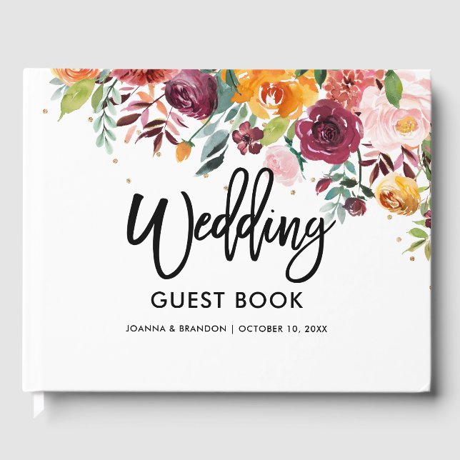 Autumn Burgundy Blush Floral Blossom Wedding Guest Book (Front)