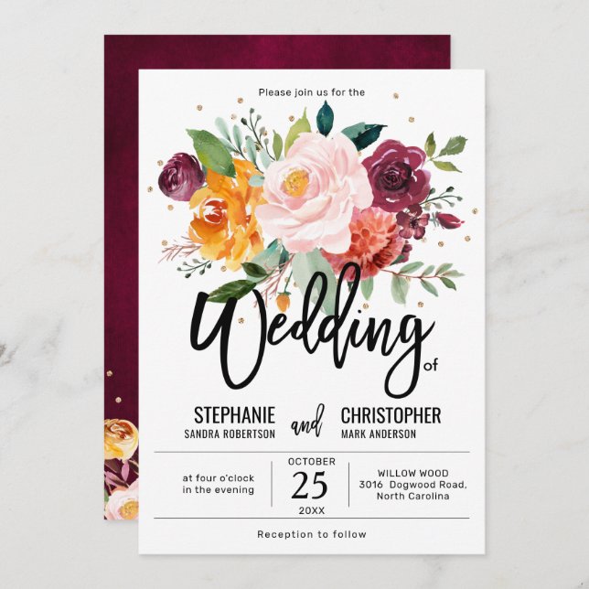 Autumn Burgundy Blush Floral Blossom Wedding Invitation (Front/Back)