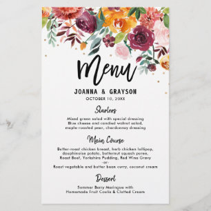 Autumn Burgundy Blush Floral Blossom Wedding menu