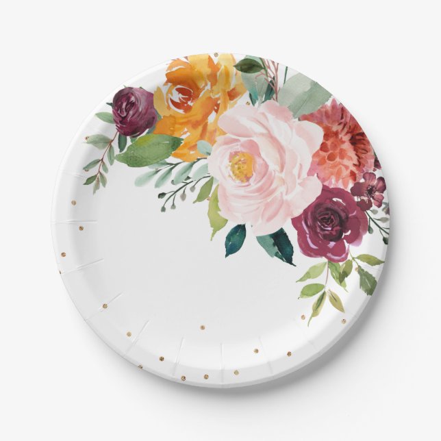Autumn Burgundy Blush Floral Blossom Wedding Paper Plate (Front)