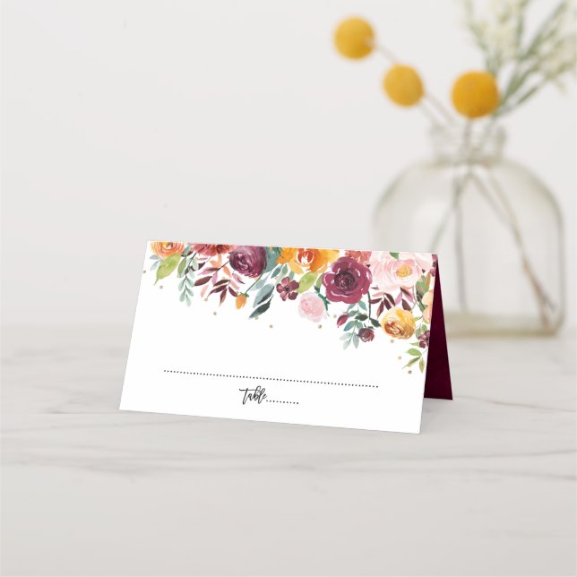 Autumn Burgundy Blush Floral Blossom Wedding Place Card (Front)