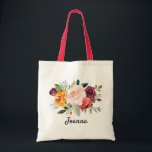 Autumn Burgundy Blush Floral Blossom Wedding Tote Bag<br><div class="desc">Watercolor autumn / fall floral bridesmaids gift totebag features a stunning bouquet of blush, orange peach, and marsala burgundy rose flowers with lush green botanical leaves and eucalyptus leaves and faux gold glitter. This colourful invitation will be perfect for fall or autumn weddings, spring weddings, and boho-themed weddings. Please find...</div>