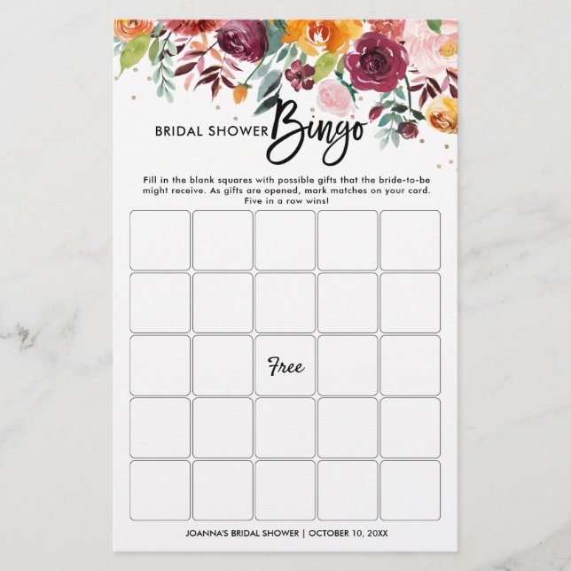 Autumn Burgundy Blush Floral Bridal Shower Bingo (Front)