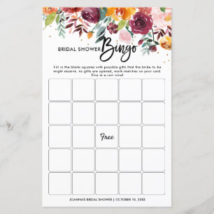 Autumn Burgundy Blush Floral Bridal Shower Bingo