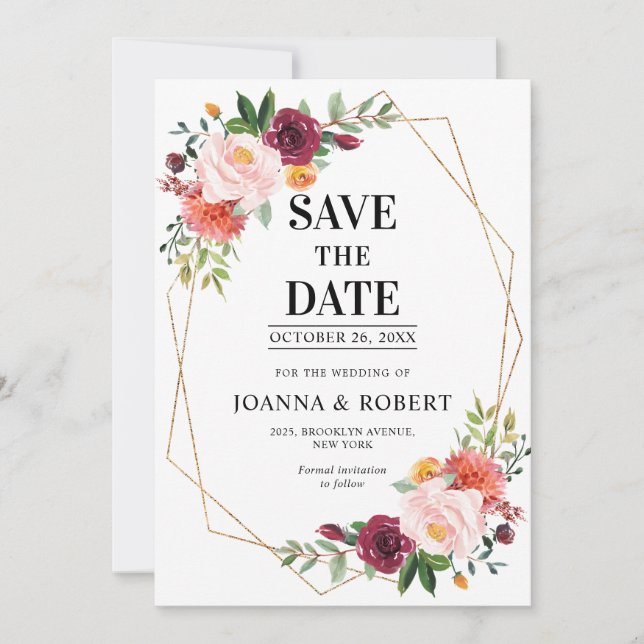 Autumn Burgundy Blush Floral geometric Wedding Save The Date (Front)