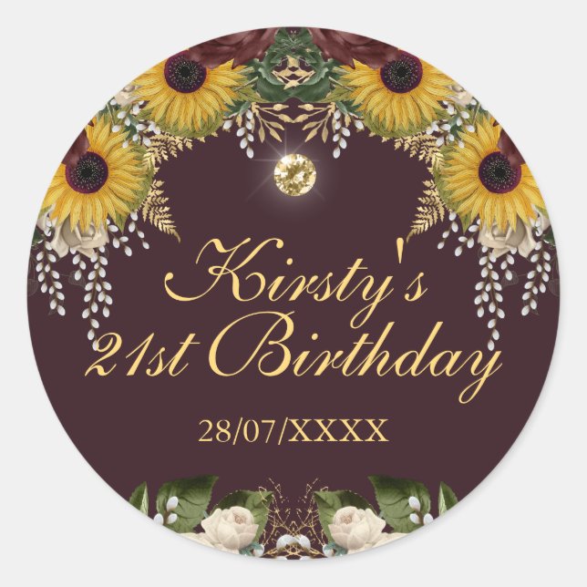 Autumn Burgundy Fall Flowers Foliage Birthday Classic Round Sticker (Front)