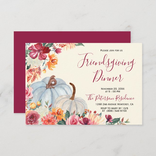 Autumn Burgundy Floral Friendsgiving Invitations (Front/Back)