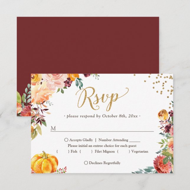 Autumn Burgundy Floral Pumpkin Gold Wedding RSVP Card (Front/Back)