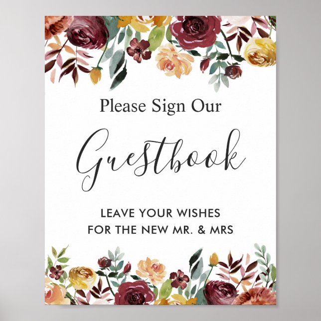 Autumn Burgundy Floral Wedding Guestbook Sign (Front)