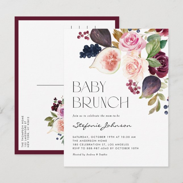Autumn Burgundy Flowers and Figs Fall Baby Brunch Invitation Postcard (Front/Back)