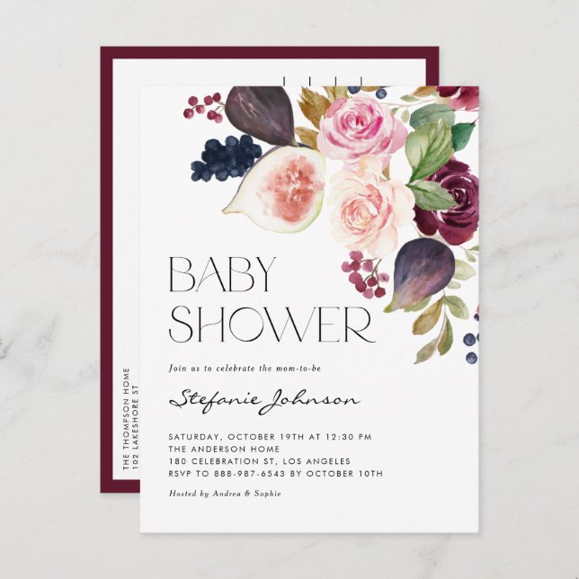 Autumn Burgundy Flowers and Figs Fall Baby Shower Invitation Postcard (Front/Back)