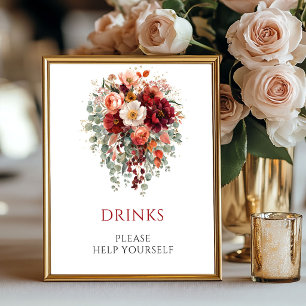 Autumn Burgundy Flowers Drinks Wedding Tabletop Poster
