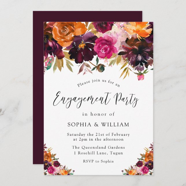 Autumn Burgundy Flowers Fall Engagement Party Invitation (Front/Back)