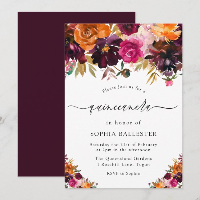 Autumn Burgundy Flowers Fall Quinceanera Party Invitation (Front/Back)