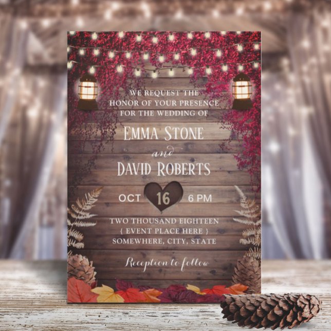 Autumn Burgundy Leaves Rustic Lantern Fall Wedding Invitation (Creator Uploaded)