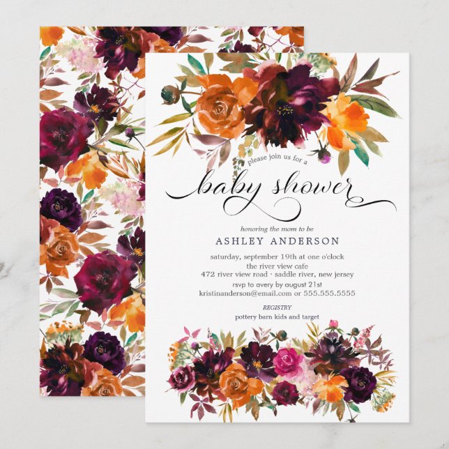 Autumn Burgundy & Orange Floral Baby Shower Invitation (Front/Back)