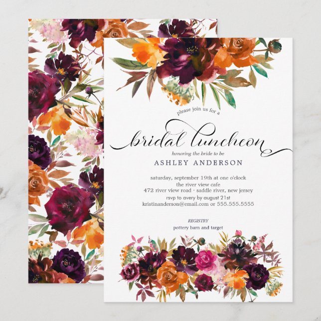 Autumn Burgundy & Orange Floral Bridal Luncheon Invitation (Front/Back)