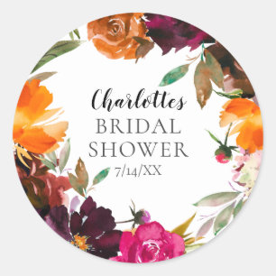 Autumn Burgundy & Orange Floral Bridal Shower Classic Round Sticker