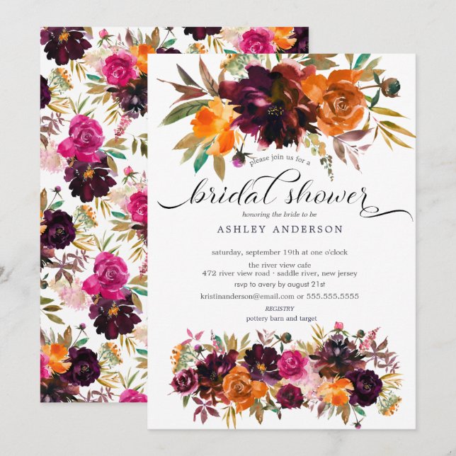 Autumn Burgundy & Orange Floral Bridal Shower Invitation (Front/Back)