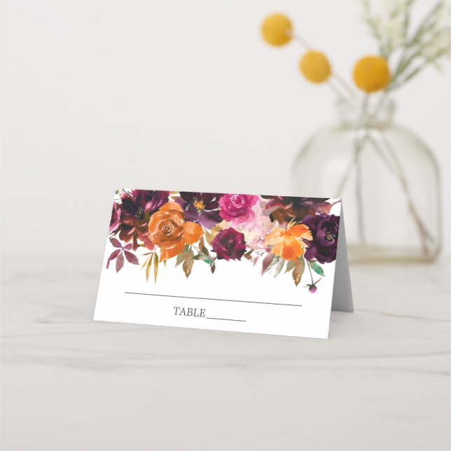 Autumn Burgundy & Orange Floral Bridal Shower Place Card (Front)