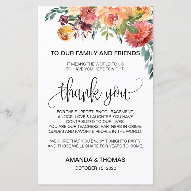 Autumn Burgundy Orange Floral Thank You Card (Front)