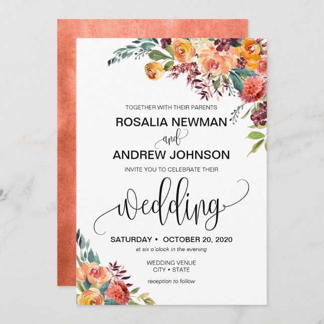 Autumn Burgundy Orange Floral Wedding Invitation (Front/Back)