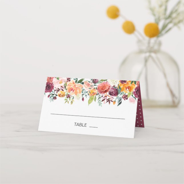 Autumn Burgundy Orange Floral Wedding Place Card (Front)