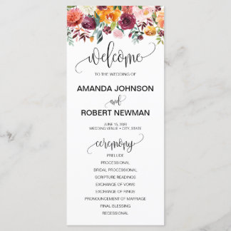 Autumn Burgundy Orange Floral Wedding Program Programme
