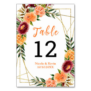 Autumn Burgundy Orange Floral Wedding Table Number