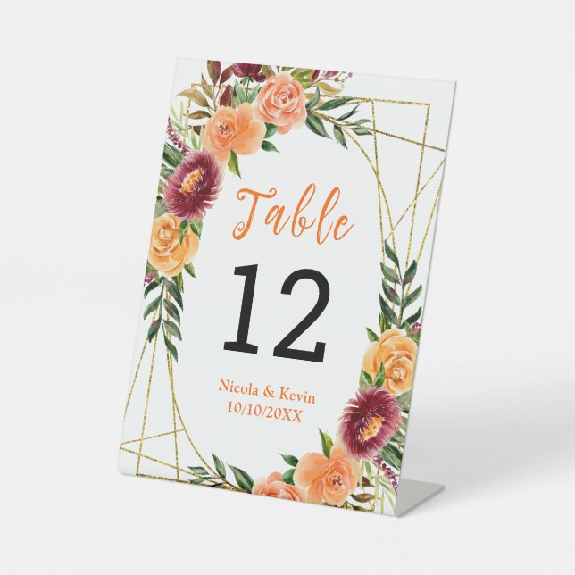 Autumn Burgundy Orange Floral Wedding Table Number Pedestal Sign (Front)