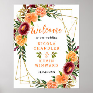 Autumn Burgundy Orange Floral Wedding Welcome Sign
