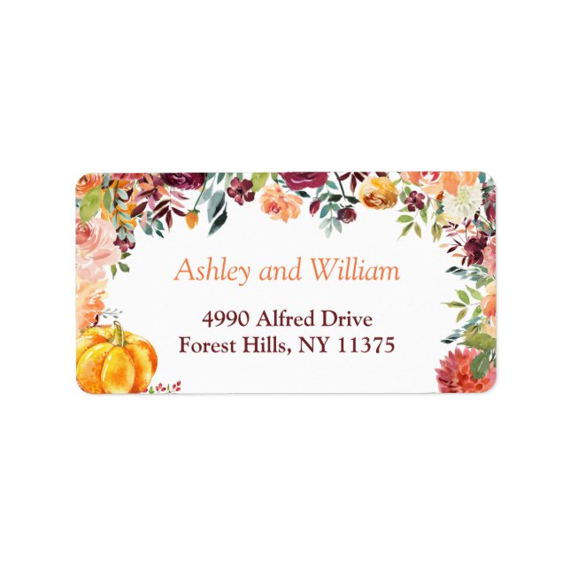 Autumn Burgundy Orange  Pumpkin Floral Leaves Label (Front)