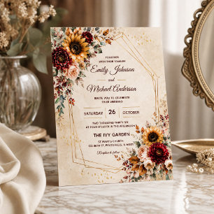 Autumn Burgundy Sunflower Wedding Invitation
