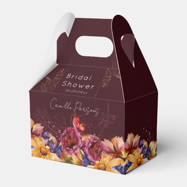 Autumn Burgundy Watercolor Floral Bridal Shower  Favour Box (Front Side)