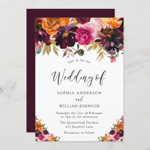 Autumn Burgundy Watercolor Flowers Fall Wedding Invitation