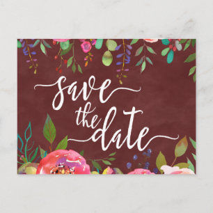 Autumn Burgundy Watercolor Wedding Save the Date Announcement Postcard
