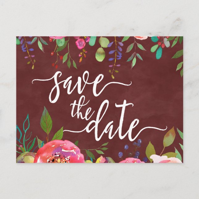 Autumn Burgundy Watercolor Wedding Save the Date Announcement Postcard (Front)
