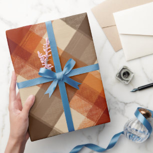 Autumn Burnt Orange Brown Cream Plaid Pattern Wrapping Paper
