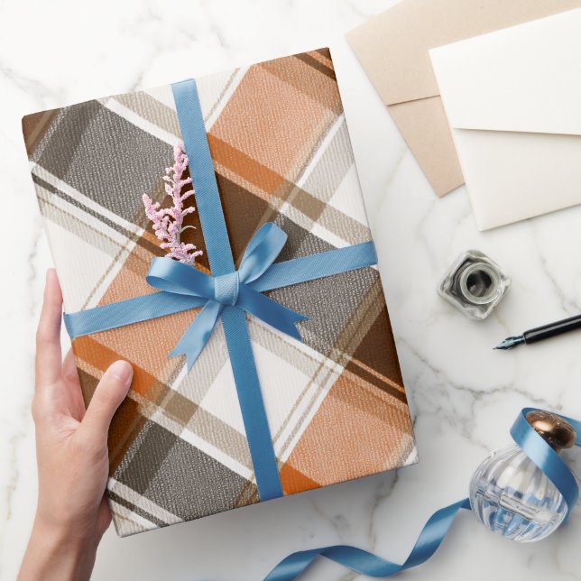 Autumn Burnt Orange Brown Cream Plaid Pattern Wrapping Paper (Gifting)