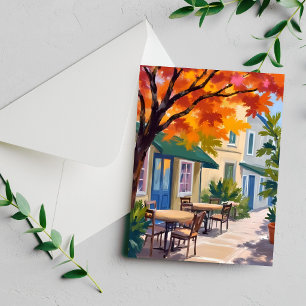 Autumn Cafe Watercolor Fall Foliage Card