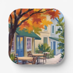 Autumn Cafe Watercolor Fall Foliage Paper Plate
