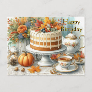 Autumn Cake and Teacup Happy Birthday  Postcard