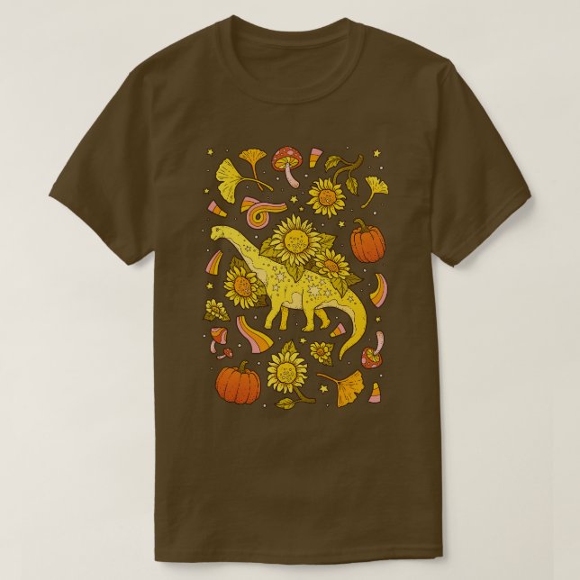Autumn Camarasaurus Fall Dinosaur Sunflower Art T-Shirt (Design Front)
