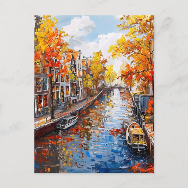 Autumn Canal with Boats and Colorful Houses Painti Postcard (Front)