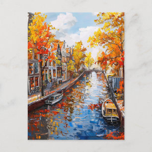 Autumn Canal with Boats and Colourful Houses Paint Postcard