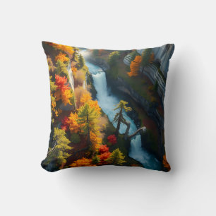Autumn Canyon Waterfall – Vibrant Fall Forest Land Cushion