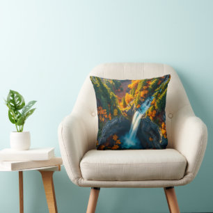 Autumn Canyon Waterfall – Vibrant Fall Forest Land Cushion